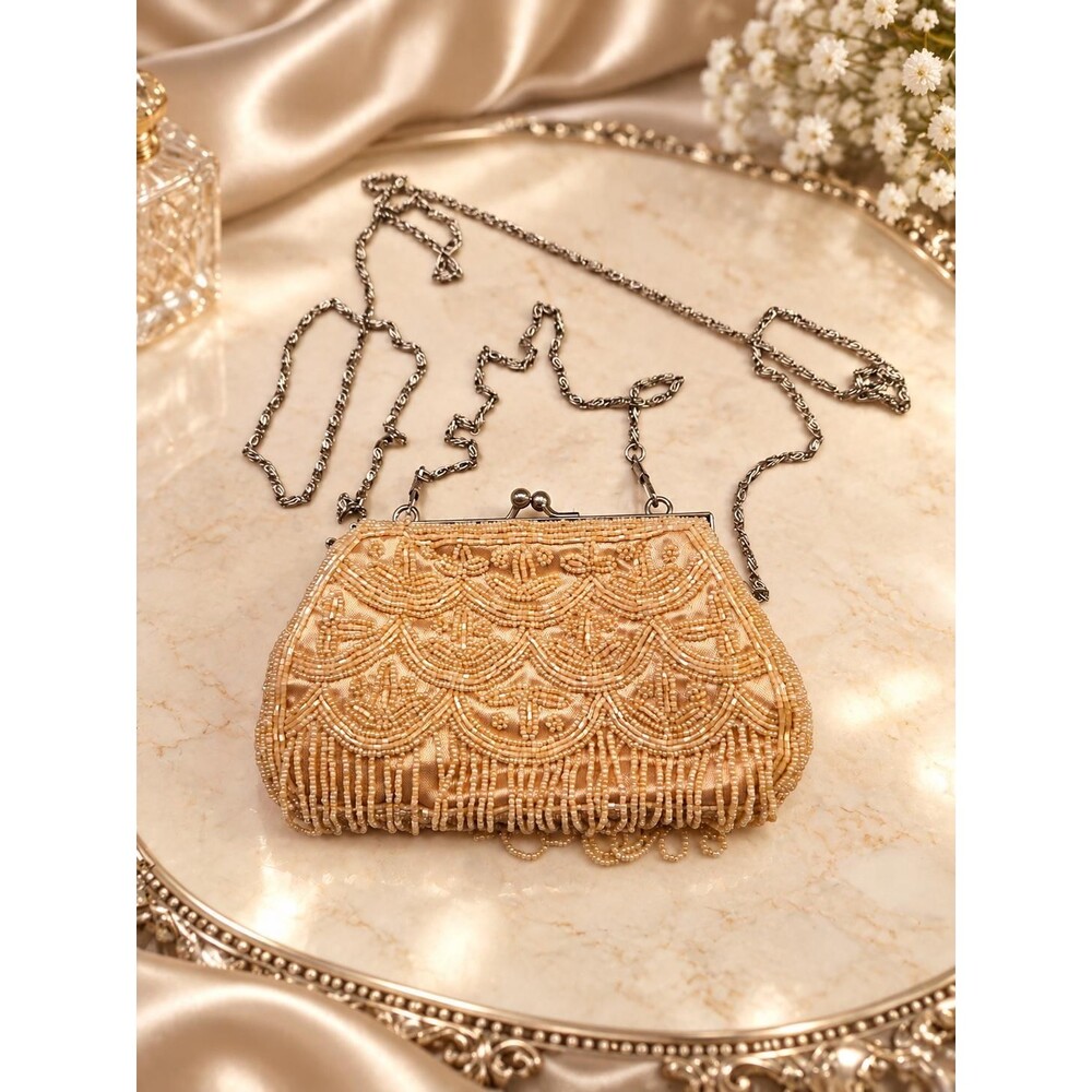 Vintage Beaded Evening Bag Purse – Champagne Gold – Two Chain Straps